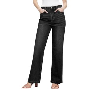 imageSidefeel Womens Wide Leg Jeans High Waisted Tummy Control Stretchy Straight Leg Elastic Waist Trendy Denim PantsBlack