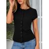 image:imageSidefeel Summer Tops for Women 2026 Cap Sleeve Ribbed Button Down Crewneck Slim Fitted Cute Going Out TopsBlack