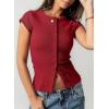 image:imageSidefeel Summer Tops for Women 2026 Cap Sleeve Ribbed Button Down Crewneck Slim Fitted Cute Going Out TopsBurgundy