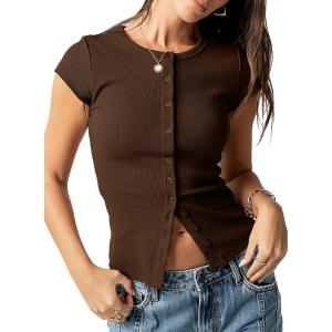 image:imageSidefeel Summer Tops for Women 2026 Cap Sleeve Ribbed Button Down Crewneck Slim Fitted Cute Going Out TopsChicory Coffee