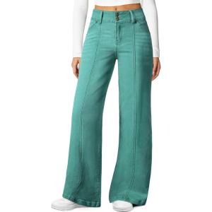 image:imageSidefeel Womens Wide Leg Jeans High Waisted Stretchy Straight Leg Jeans Trendy Seamed Front Loose Denim PantsLake Green