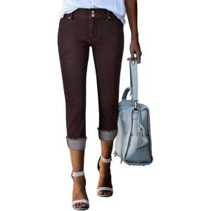 image:imageSidefeel Womens Capri Jeans High Waisted Stretchy Rollup Skinny Cuffed Cropped Zimbaplatinum Summer Capri PantsChicory Coffee