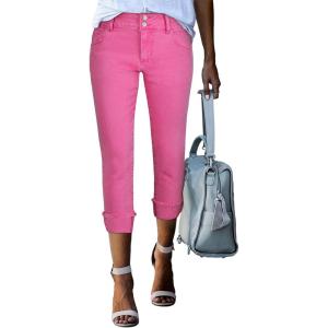 image:imageSidefeel Womens Capri Jeans High Waisted Stretchy Rollup Skinny Cuffed Cropped Zimbaplatinum Summer Capri PantsRose Red