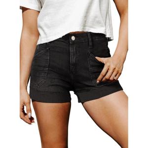 image:imageSidefeel Womens Jean Shorts Casual High Waisted Stretchy Buttoned Folded Hem Denim ShortsBlack