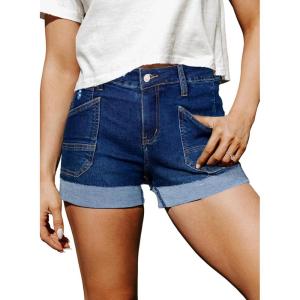 image:imageSidefeel Womens Jean Shorts Casual High Waisted Stretchy Buttoned Folded Hem Denim ShortsBluing