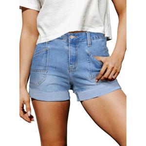 image:imageSidefeel Womens Jean Shorts Casual High Waisted Stretchy Buttoned Folded Hem Denim ShortsIceland Blue