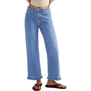 image:imageSidefeel Womens Jeans Wide Leg High Rise Stretchy Jeans Ruffle Hem Straight Leg Denim Pants with PocketsIceland Blue