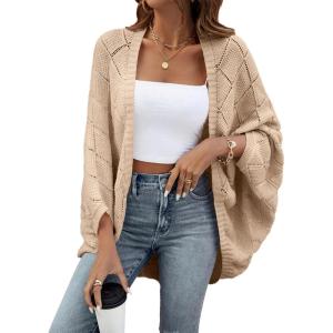 image:imageSidefeel Womens Crochet Oversized Cardigan Sweaters Spring Hollow Out Long Batwing Sleeve Summer Shrugs Lightweight SweaterApricot
