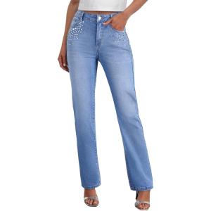 image:imageSidefeel Womens Straight Leg Jeans High Waisted Stretchy Rhinestone Wide Leg Denim PantsLight Blue