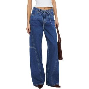 image:imageSidefeel Womens Wide Leg Jeans Low Waisted Stretchy Drawstring Button Down Denim PantsDark Blue