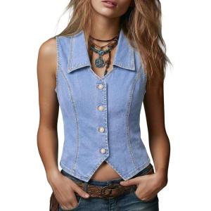 image:imageSidefeel Womens Denim Vest Lapel Sleeveless Button Down Crop Trendy Cowgirl Outfit Jean Vest TopSky Blue