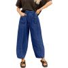 image:imageSidefeel Womens Baggy Wide Leg Jeans Elastic Waist Drawstring Front Seam Ankle High Waisted Barrel JeansBluing