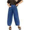 image:imageSidefeel Womens Baggy Wide Leg Jeans Elastic Waist Drawstring Front Seam Ankle High Waisted Barrel JeansDark Blue