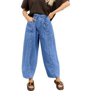 image:imageSidefeel Womens Baggy Wide Leg Jeans Elastic Waist Drawstring Front Seam Ankle High Waisted Barrel JeansLight Blue