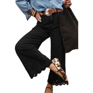 image:imageSidefeel Womens Wide Leg Embroidered Jeans High Waisted Stretchy Straight Leg Loose Fit Ankle Denim PantsBlack