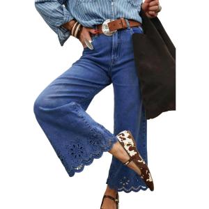 image:imageSidefeel Womens Wide Leg Embroidered Jeans High Waisted Stretchy Straight Leg Loose Fit Ankle Denim PantsDark Blue