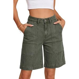 image:imageSidefeel Womens Jean Shorts High Waisted Stretchy Wide Leg Bermuda Denim Shorts Casual Loose Fit Summer Jorts with PocketsGreen