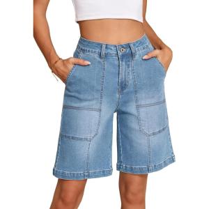 image:imageSidefeel Womens Jean Shorts High Waisted Stretchy Wide Leg Bermuda Denim Shorts Casual Loose Fit Summer Jorts with PocketsIceland Blue
