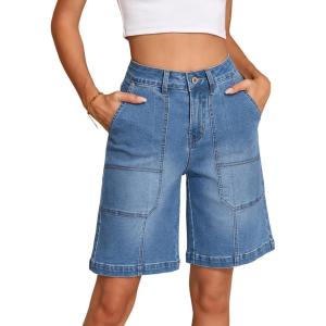 image:imageSidefeel Womens Jean Shorts High Waisted Stretchy Wide Leg Bermuda Denim Shorts Casual Loose Fit Summer Jorts with PocketsLight Blue