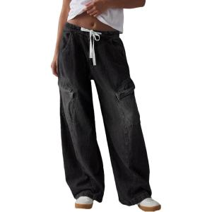image:imageSidefeel Womens MidLow Rise Baggy Jeans Elastic Waist Drawtring Y2K Stretchy Wide Leg Cargo Boyfriend Oversized Denim PantsBlack