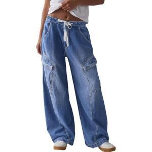 image:imageSidefeel Womens MidLow Rise Baggy Jeans Elastic Waist Drawtring Y2K Stretchy Wide Leg Cargo Boyfriend Oversized Denim PantsBlue