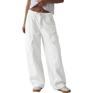 image:imageSidefeel Womens MidLow Rise Baggy Jeans Elastic Waist Drawtring Y2K Stretchy Wide Leg Cargo Boyfriend Oversized Denim PantsCream White