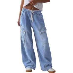 image:imageSidefeel Womens MidLow Rise Baggy Jeans Elastic Waist Drawtring Y2K Stretchy Wide Leg Cargo Boyfriend Oversized Denim PantsIceland Blue