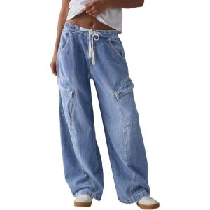 image:imageSidefeel Womens MidLow Rise Baggy Jeans Elastic Waist Drawtring Y2K Stretchy Wide Leg Cargo Boyfriend Oversized Denim PantsLight Blue