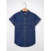 image:imageSidefeel Womens Button Down Denim Shirt Collared Short Sleeve Jean Shirt Blouse with PocketsDark Blue
