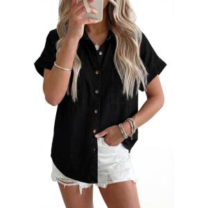 image:imageSidefeel Womens Button Down Denim Shirt Collared Short Sleeve Jean Shirt Blouse with PocketsBlack