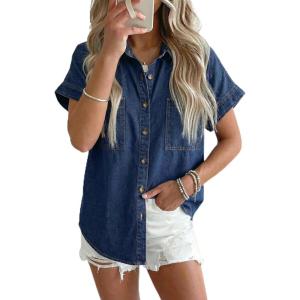 image:imageSidefeel Womens Button Down Denim Shirt Collared Short Sleeve Jean Shirt Blouse with PocketsBluing
