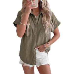 image:imageSidefeel Womens Button Down Denim Shirt Collared Short Sleeve Jean Shirt Blouse with PocketsGreen