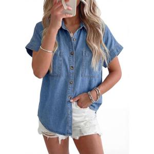 image:imageSidefeel Womens Button Down Denim Shirt Collared Short Sleeve Jean Shirt Blouse with PocketsIceland Blue
