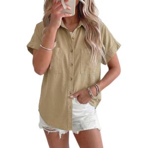 image:imageSidefeel Womens Button Down Denim Shirt Collared Short Sleeve Jean Shirt Blouse with PocketsKhaki
