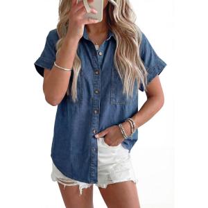 image:imageSidefeel Womens Button Down Denim Shirt Collared Short Sleeve Jean Shirt Blouse with PocketsLight Blue