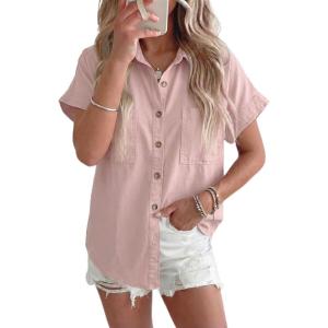 image:imageSidefeel Womens Button Down Denim Shirt Collared Short Sleeve Jean Shirt Blouse with PocketsPink