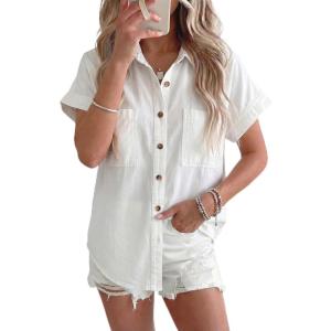 image:imageSidefeel Womens Button Down Denim Shirt Collared Short Sleeve Jean Shirt Blouse with PocketsWhite