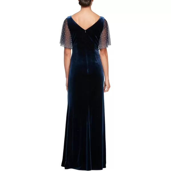 Alex Evenings Womens Long Fit and Flare Mother of The Bride Dress with Heat Set llusion Flutter Sleeves and Front Slit Navy Velvet