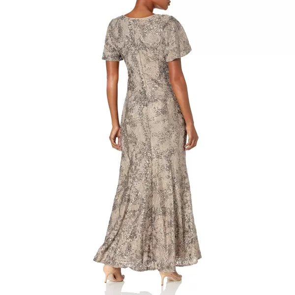 Alex Evenings Womens Long Length Aline Sequin Lace VNeck Mother of The Bride Dress Formal Event Gown with Short SleevesTaupe