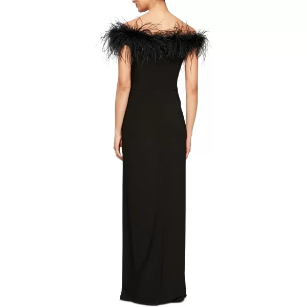 Alex Evenings Womens Long Length Off The Shoulder Gown with Front Slit and Maribou Detail Neckline Formal Party DressBlack Maribou