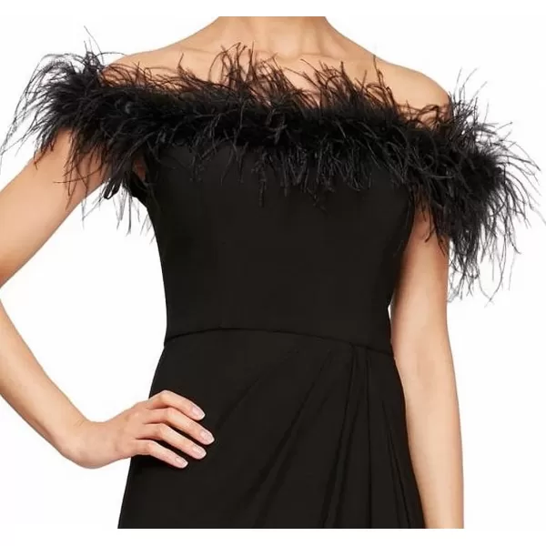 Alex Evenings Womens Long Length Off The Shoulder Gown with Front Slit and Maribou Detail Neckline Formal Party DressBlack Maribou