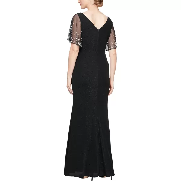 Alex Evenings Womens Long Metallic Ruched Flutter Sleeve Gown with Side Slit Mother of The Bride Formal DressBlack Embroidered