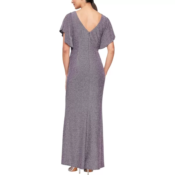 Alex Evenings Womens Long Metallic Ruched Flutter Sleeve Gown with Side Slit Mother of The Bride Formal DressDark Plum