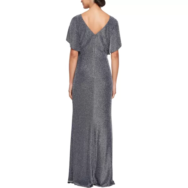 Alex Evenings Womens Long Metallic Ruched Flutter Sleeve Gown with Side Slit Mother of The Bride Formal DressNavySilver
