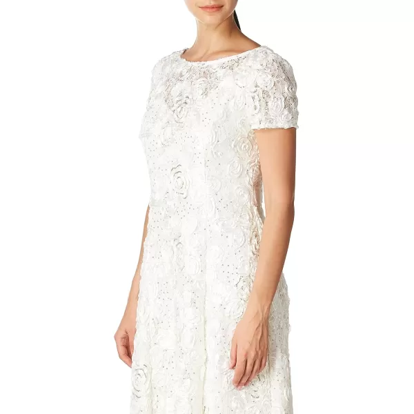 Alex Evenings Womens Long Rosette Lace Cap Sleeve GownIvoryGold