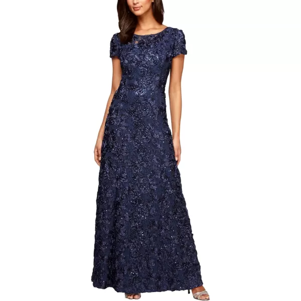 Alex Evenings Womens Long Rosette Lace Cap Sleeve GownNavy