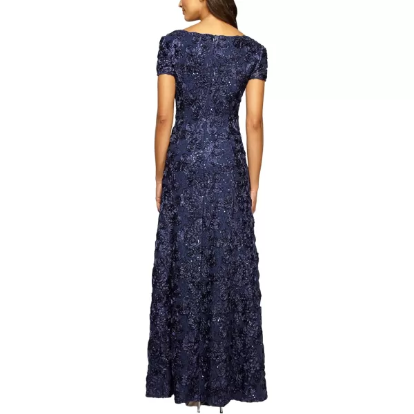 Alex Evenings Womens Long Rosette Lace Cap Sleeve GownNavy