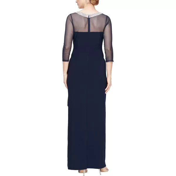 Alex Evenings Womens Long Shift Dress Illusion Neckline Petite and RegularNavy Sweetheart