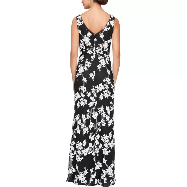 Alex Evenings Womens Long Sleeveless VNeck Dress with Sequin DetailBlack White Floral