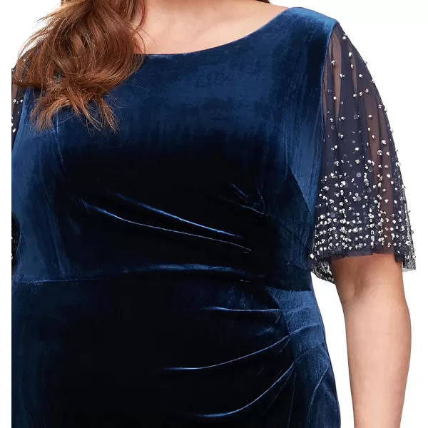 Alex Evenings Womens Plus Size Fit and Flare Mother of The Bride Dress with Heat Set llusion Flutter Sleeves and Front Slit Navy Velvet